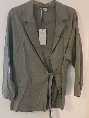 NEW LARA G. Italy Military Green Linen-Cotton Tie-Front Blazer